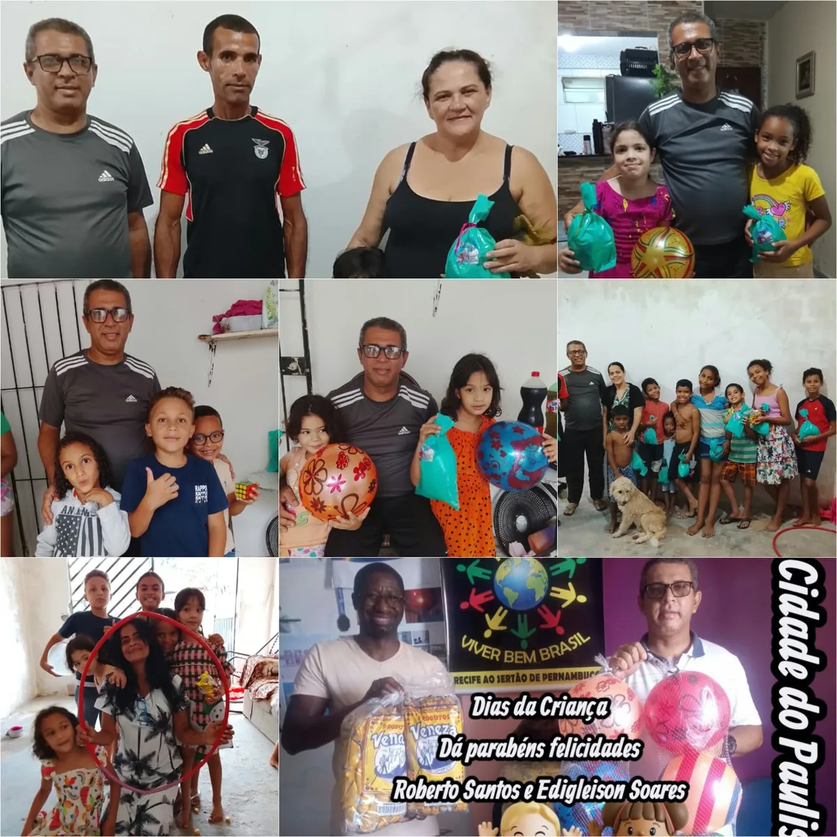 Mosaico de fotos do Dia das Crianças com as crianças e famílias da Cidade do Paulista, Pernambuco